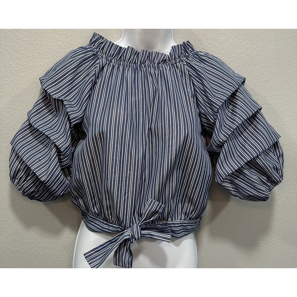 Habitual Girls' Blouse Size 14 Blue & White Striped Pullover Puffed 3/4 Sleeves